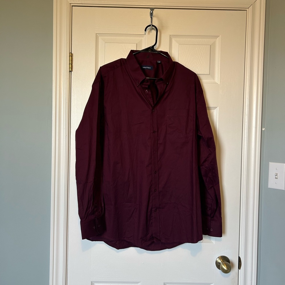 🔥🆕🔥 Nautica Men’s Dress Shirt XL 17.5 34/35 Burgundy Red Stretch Long Sleeve